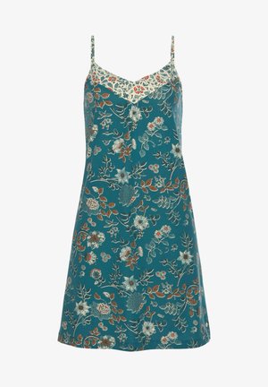 Tiefblaues ärmelloses Kleid mit floralem Muster in creme, rot und blauen Tönen. V-Ausschnitt mit dekorativem Muster oben. Glatte Stoffstruktur.