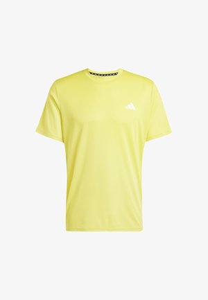 Camiseta deportiva amarilla de manga corta, cuello redondo y detalle de logo en blanco. Textura suave, material transpirable y un ajuste cómodo.