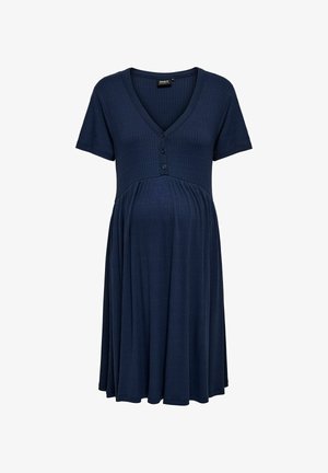 Granatowa sukienka ciążowa z prążkowanej tkaniny, z dekoltem w kształcie litery V, krótkimi rękawami, detalami w postaci guzików oraz rozkloszowanym dołem.