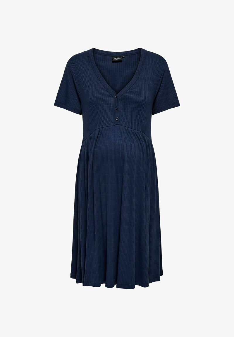 Mornaricna plava trudnička haljina od rebrastog materijala, sa V-izrezom, kratkim rukavima, detaljima sa dugmadima i raširenim suknjom.
