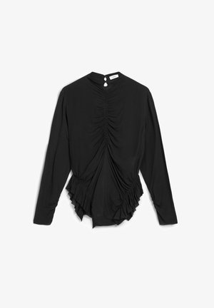 Schwarz/langärmliges Oberteil aus weichem Stoff, mit geraffter Textur, einem Rüschensaum und einem Knopfverschluss auf der Rückseite.