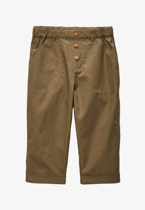 Shorts en coton marron avec taille élastique, comprenant deux poches avant, trois boutons en bois et des ourlets roulés au bas.