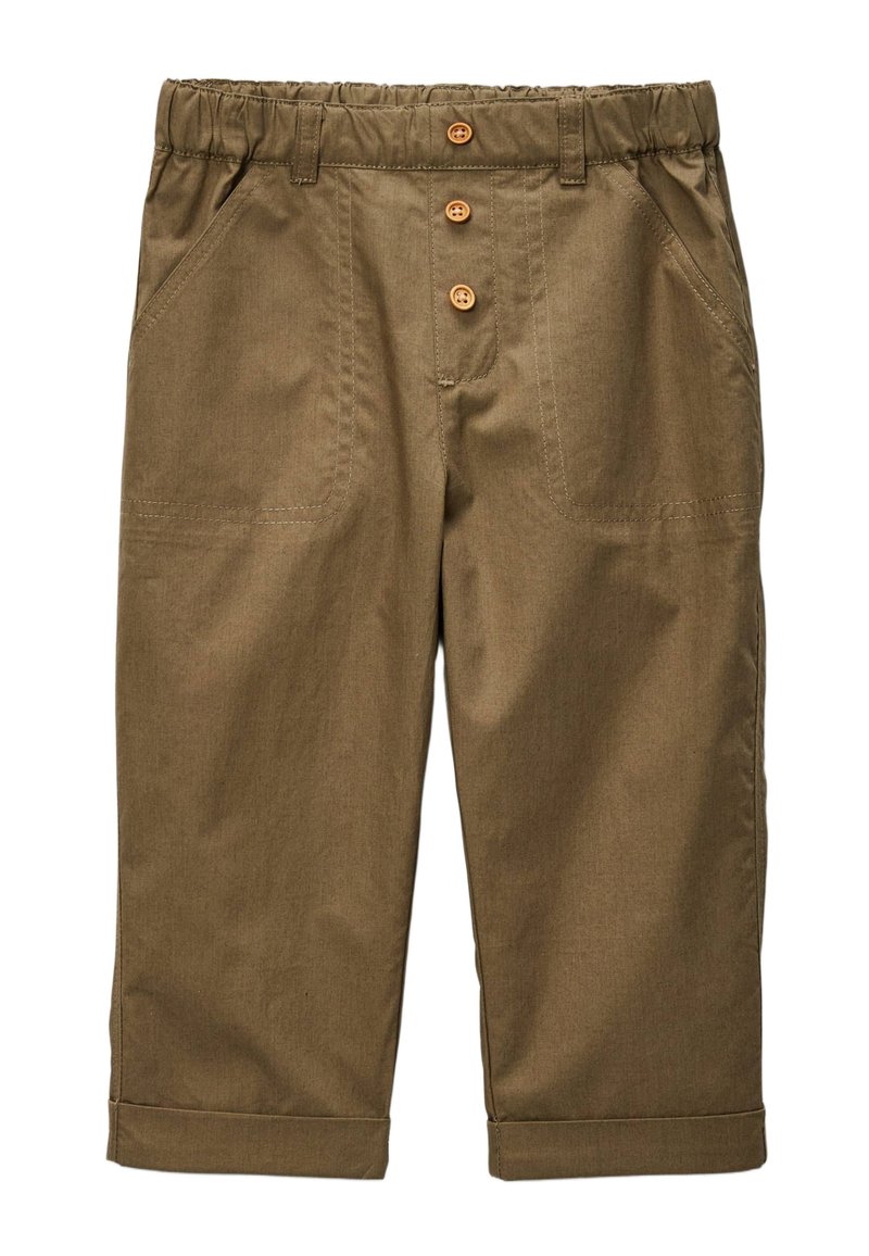 Shorts en coton marron avec taille élastique, comprenant deux poches avant, trois boutons en bois et des ourlets roulés au bas.