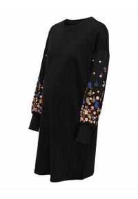 Robe sweat-shirt noire à manches longues avec des broderies florales multicolores sur les manches. Texture douce et coupe décontractée.