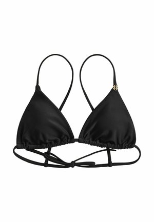 Top bikini a triangolo in satin nero con sottili spalline, laccetti regolabili sul retro e un piccolo emblema decorativo dorato su una coppa.