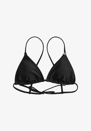 Haut de bikini triangle en satin noir avec fines bretelles, liens réglables à nouer dans le dos et petit emblème décoratif doré sur une des bonnets.