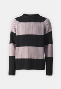 Pulover din tricot cu dungi orizontale alternante negre și roz deschis, guler rotund, mâneci lungi și textură ribbed.