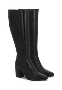 Bottes noires en cuir montantes avec un bout pointu et un talon épais. Texture lisse, design simple et légère brillance sur la surface.