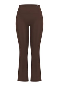 Pantaloni da yoga marroni a vita alta svasati con finitura liscia e piccolo logo nero sull'elastico in vita.