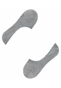 Grijze onzichtbare sokken van zachte stof, met een gladde textuur, gebogen randen en een lichtblauwe accent langs de bovenkant.