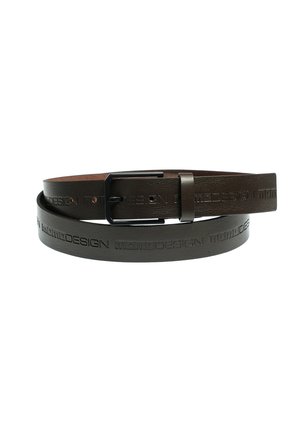 Dark brown leather belt with black metal buckle, embossed with repeating "Momo Design" text, coiled on white background.