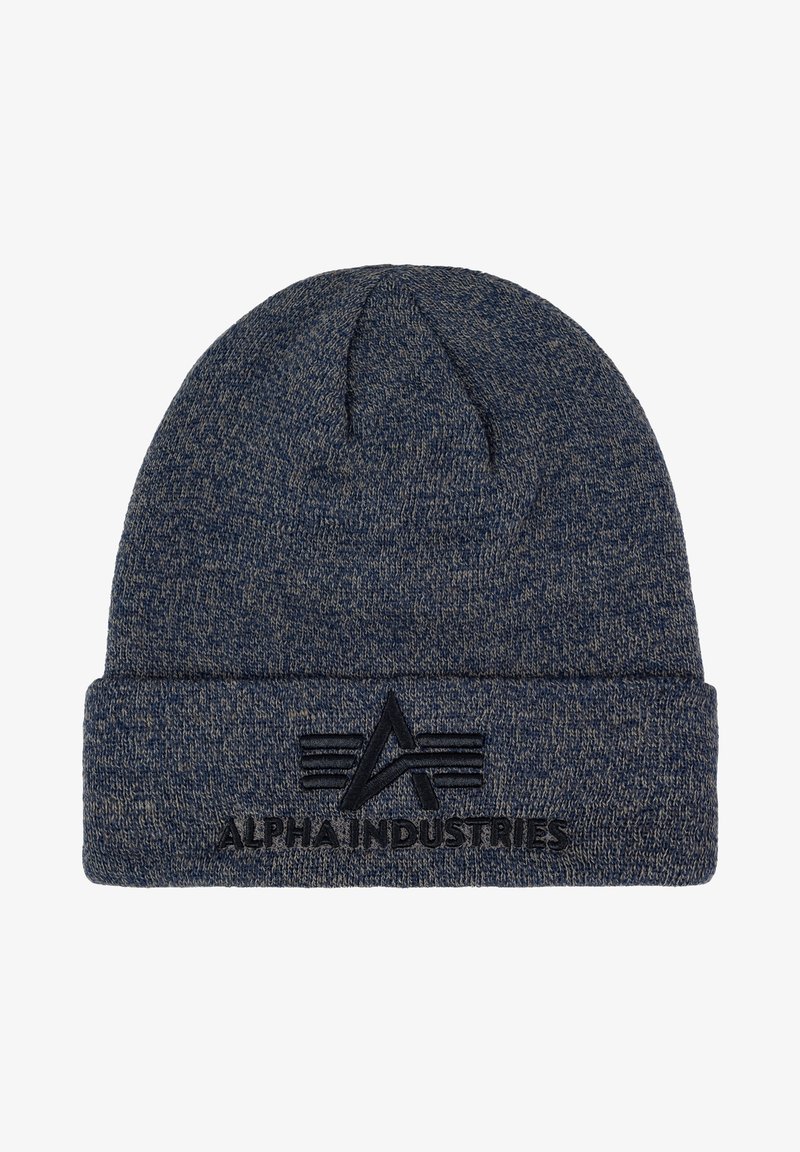 Knitted blue beanie featuring a fold-up cuff, textured fabric, and black embroidered "ALPHA INDUSTRIES" logo with geometric accents.