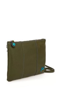 Clutch in pelle verde oliva con cuciture grigie e una zip turchese. Forma rettangolare compatta con una tracolla per il trasporto.