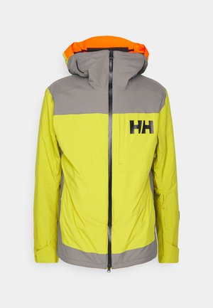 Felgeel jack met grijze accenten, een rits aan de voorkant en een capuchon met een oranje binnenvoering. Inclusief een borstzak en logodetails.