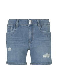 Shorts in denim blu con due bottoni frontali, passanti per cintura, tasche anteriori e leggere abrasioni su entrambe le gambe.