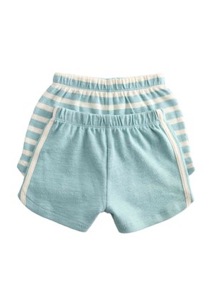 To par børneshorts, den ene ensfarvet lyseblå med hvide sidelommer, den anden lyseblå og hvide vandrette striber, begge med elastiske taljebånd.