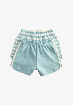 To par børneshorts, den ene ensfarvet lyseblå med hvide sidelommer, den anden lyseblå og hvide vandrette striber, begge med elastiske taljebånd.