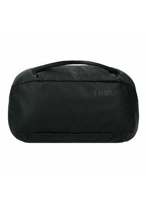 Pochette noire zippée avec une poignée sur le dessus et un logo "Thule" légèrement visible à l'avant, présentée sur fond blanc.