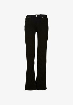 Musthave mustrikkidega mustad teksad, millel on keskmise kõrgusega vöökoht, viis taskut, nööbid ja tõmblukk ning õmbluste detailid.