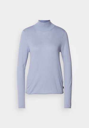 Lichtblauwe longsleeve coltrui van zacht materiaal, met een aansluitend ontwerp en een soepele textuur. Minimalistische stijl zonder patronen.
