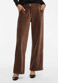 Pantalons large en velours côtelé marron avec des côtes verticales, dotés de poches avant et d'une fermeture à bouton à l'avant. Texture lisse et coupe décontractée.