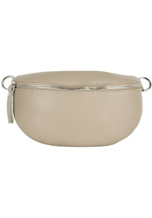 Beige Lederbeutel mit strukturierter Oberfläche, ovaler Form, silbernem Reißverschluss und Metallringakzenten an beiden Enden.