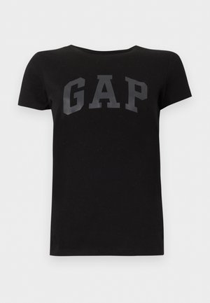 Schwarzes kurzärmeliges T-Shirt mit rundem Halsausschnitt und großen dunkelgrauen "GAP"-Buchstaben zentriert auf der Brust.