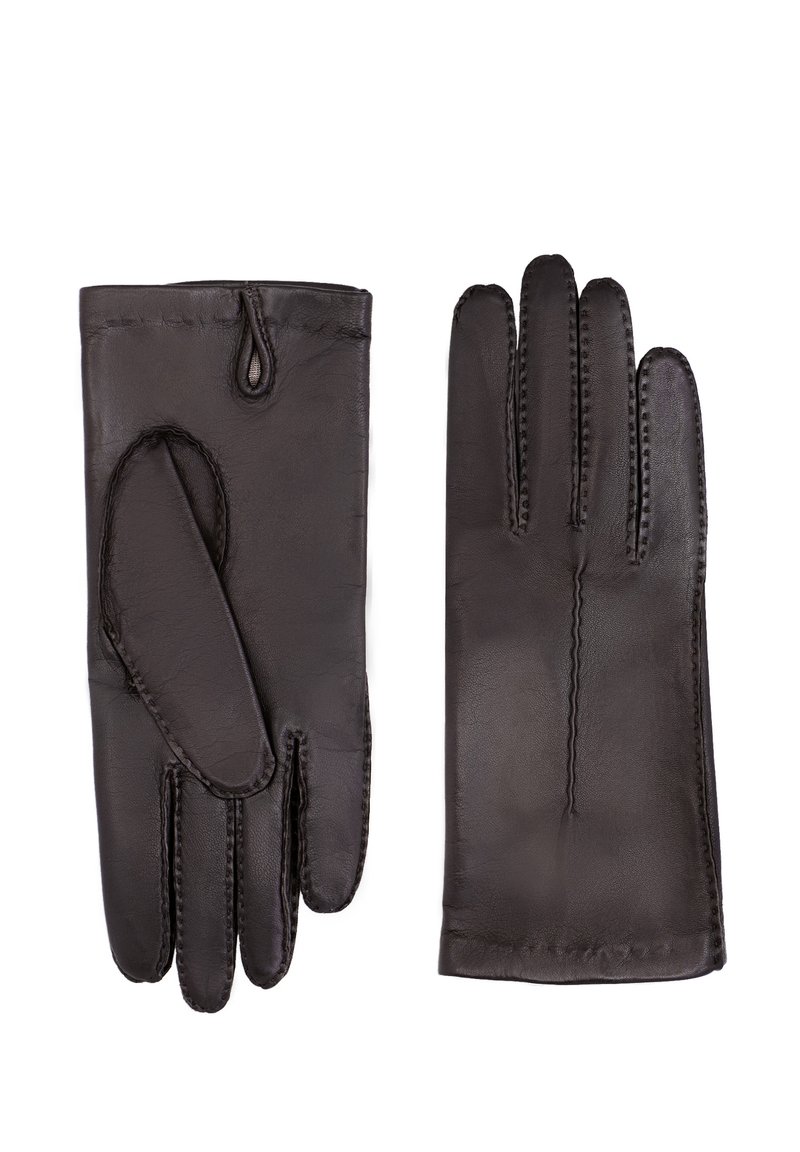 Gants en cuir noir avec une texture lisse, un poignet froncé, des coutures contrastantes et un design d'ouverture pour les doigts afin de faciliter le port.