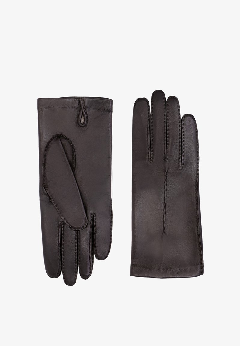Gants en cuir noir avec une texture lisse, un poignet froncé, des coutures contrastantes et un design d'ouverture pour les doigts afin de faciliter le port.