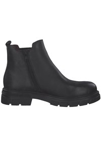 Bottine en cuir noir avec fermeture éclair sur le côté, semelle en caoutchouc épaisse et bout arrondi. Texture lisse avec des accents de design minimaliste.