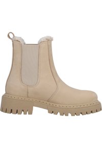 Botas Chelsea beige con paneles elásticos en los laterales, parte superior de cuero texturizado, forro suave y suela de goma gruesa y estriada.