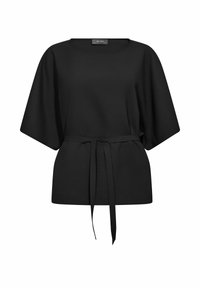 Top nero a maniche corte con vestibilità ampia e una cintura annodata in vita. Realizzato in tessuto liscio con un colore uniforme e scollatura tonda.