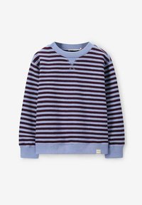 Pull-over rayé avec des rayures verticales bleu marine et bleu clair, un col rond et des poignets côtelés. Le tissu semble doux avec une coupe décontractée.