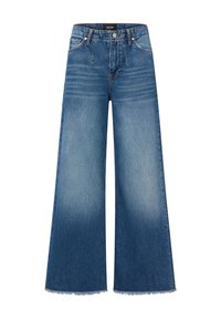 Blaue Jeans mit weitem Bein und ausgefranstem Saum, mit hoher Taille, zwei Vordertaschen und verwaschenem Look. Hergestellt aus Baumwolle mit klassischem Design.