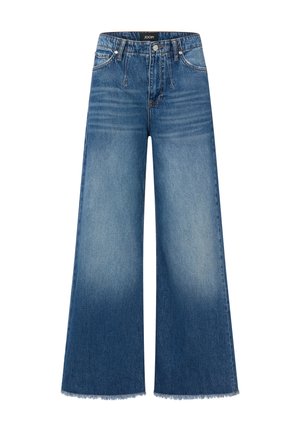 Blaue Jeans mit weitem Bein und ausgefranstem Saum, mit hoher Taille, zwei Vordertaschen und verwaschenem Look. Hergestellt aus Baumwolle mit klassischem Design.