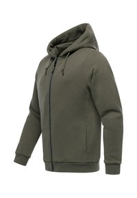 Olivengrøn zip-up hættejakke lavet af blødt stof, med en stor hætte, frontlommer og ribbestrik i ærmerne og nederst.