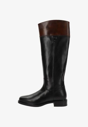 Bottes en cuir noir jusqu'aux genoux avec un poignet en cuir marron. Elles présentent un bout arrondi, un petit talon, et des détails de couture sur les côtés.