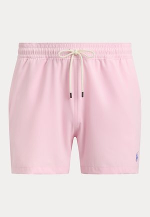 Világos rózsaszín fürdőnadrág rugalmas derékrésszel, fehér zsinórhúzóval és kis hímzett kék logóval a bal lábszáron.