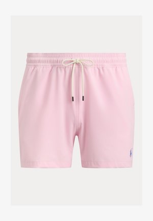 Ροζ ανοιχτό μαγιό σορτς με ελαστική μέση, λευκό κορδόνι και μικρό κεντητό μπλε λογότυπο στο αριστερό πόδι.