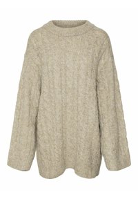 Light beige cable-knit sweater with a round neckline, drop shoulders, oversized sleeves, and ribbed hem and cuffs. Textured wool blend fabric.