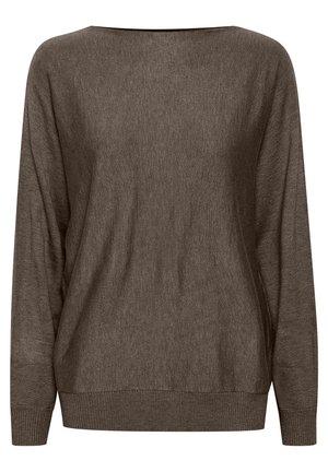 Maglione marrone a maglia con scollatura ampia, maniche lunghe e polsini e orlo a costine. Texture morbida con motivo minimo.