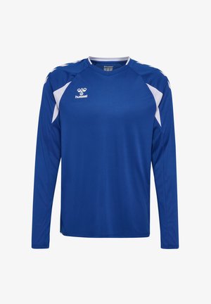 Niebieska sportowa koszulka z długim rękawem z białymi akcentami na ramionach i bokach, z logo hummel na piersi.