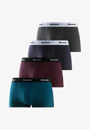 Vier Paare Herren-Boxershorts in Dunkelgrau, Marineblau, Burgunderrot und Teal. Mit elastischen Bändern mit "Bench."-Logo. Aus glattem Baumwollmaterial.