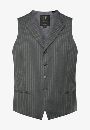 Gilet grigio a righe sottili realizzato in tessuto testurizzato, con rever classico, chiusura a cinque bottoni e due tasche frontali. L'etichetta è visibile all'interno.