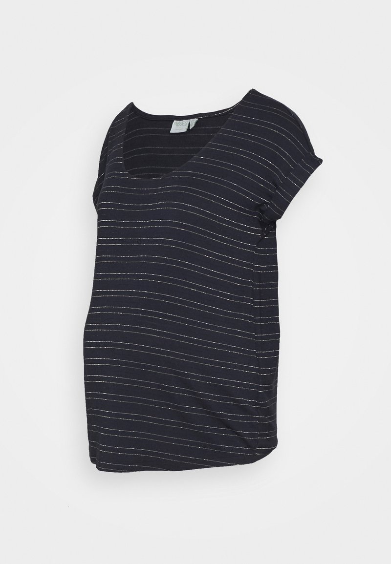 Navy blue short-sleeve top with silver horizontal stripes, scoop neckline, and slightly gathered hem on a plain white background.