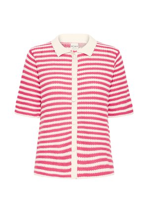 Kratka pletena jopica s kratkimi rokavi v roza in belih vodoravnih črtah, z belim ovratnikom in belo zapenjavo s sprednje strani.