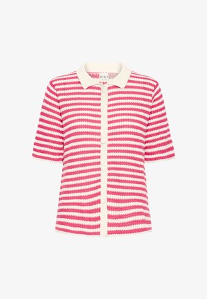 Cardigan tricotat cu mâneci scurte, dungi orizontale roz și albe, guler alb și închidere frontală cu nasturi albi.