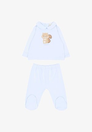 Completo per bebè azzurro chiaro con maglietta a manica lunga, con una simpatica scoiattolo e pantaloni coordinati con piedini e vita elastica.