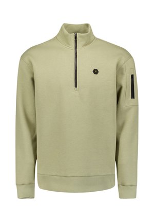 Lichtgroene trui met een half-ritskraag, geribbelde manchetten en een klein zwart zeshoekig logo. Heeft een zak met ritssluiting op de mouw.