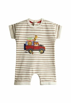 Beiger und weiß gestreifter Baby-Strampler mit einem roten Jeep auf der Vorderseite, der einen Löwen, Tiger, eine Giraffe und grünes Gepäck transportiert.